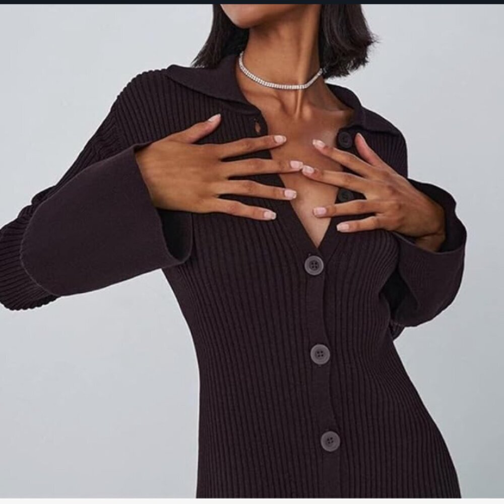The Drop Black Ribbed Button Front Sweater Dress Size M - Picture 3 of 11